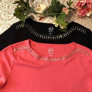 Black and Coral T-Shirts with Gold Bling at Neckline